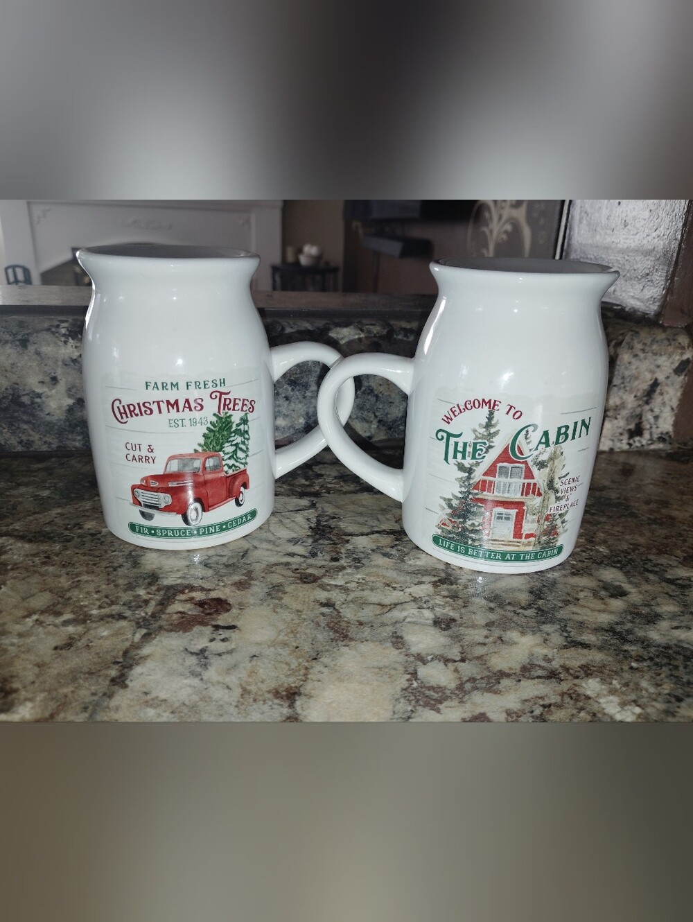 Christmas Cabin Ceramic Mugs - Red & Green Holiday Design (Set of 2)
